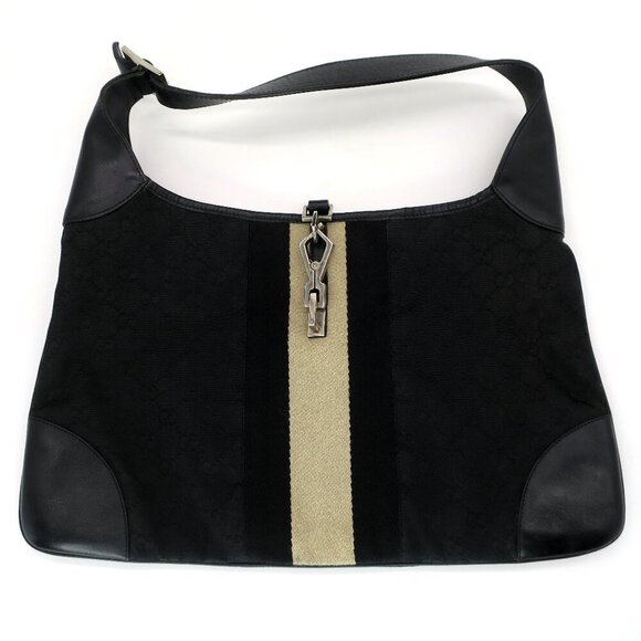 Gucci Vintage Jackie O Black GG Web Canvas Leather Handbag Purse - Picture 1 of 8
